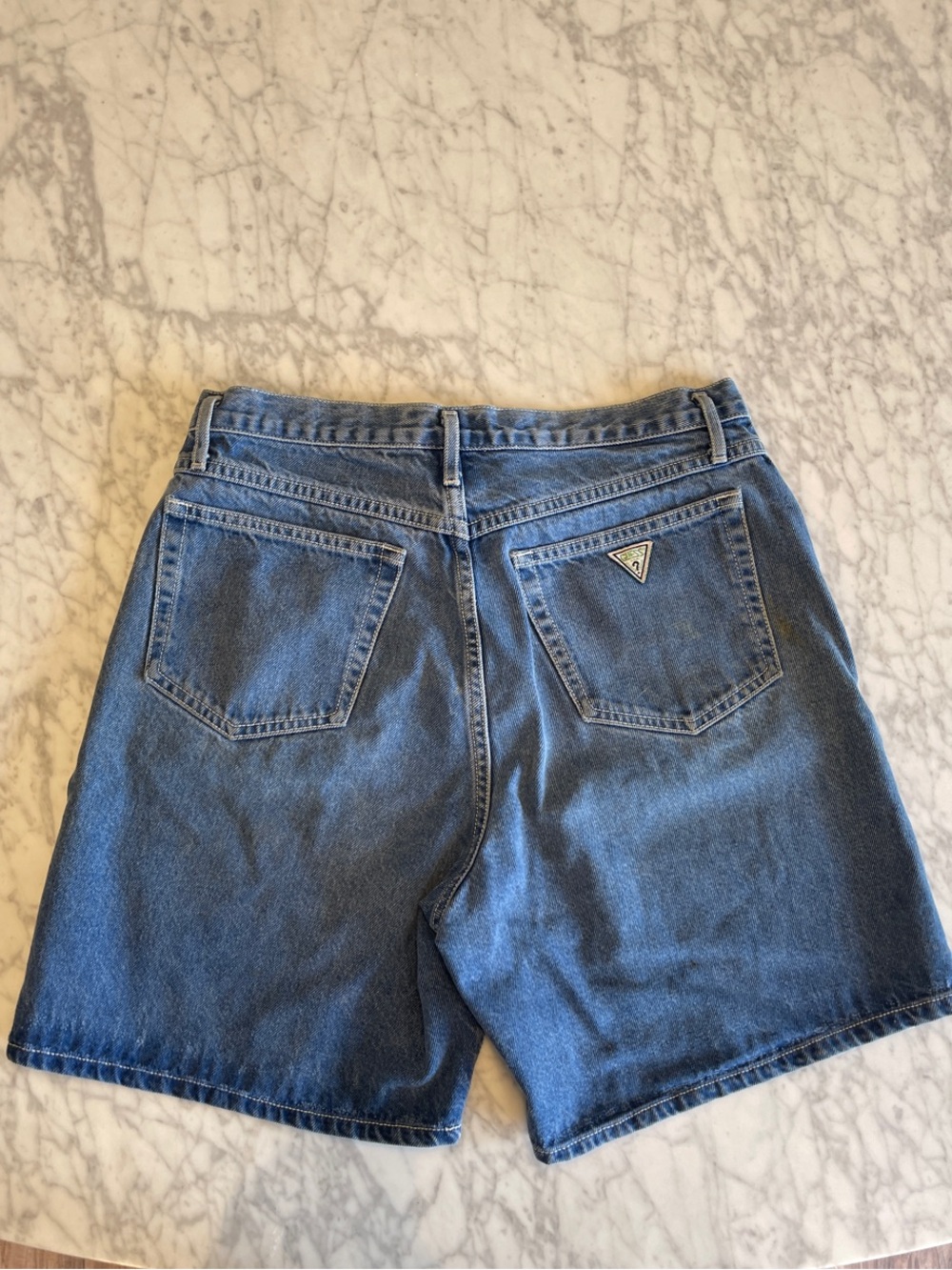 Guess Vintage Blue Denim High-Rise Shorts with green Triangle Logo Patch